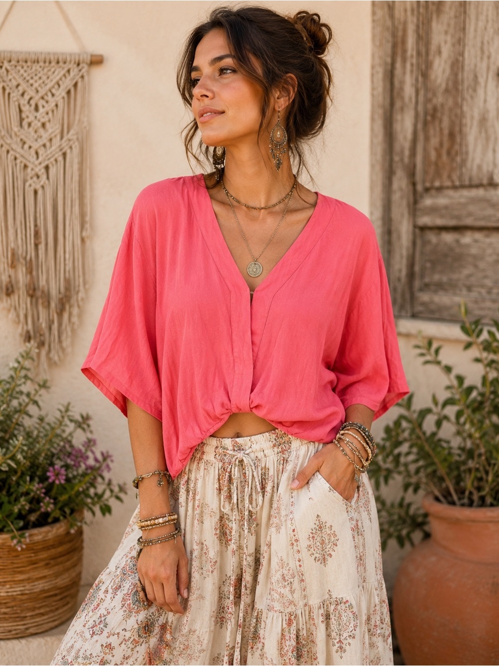 Young Fabulous And Broke Coral Pink Surplice Wrap Top Medium V Neck Rayon Kimono